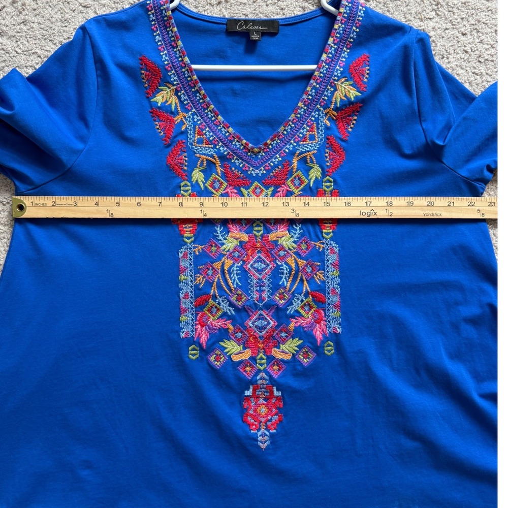 Calessa Embroidered Tunic Top Womens Large Blue Boho Peasant 3/4 Sleeve V-Neck - Picture 11 of 12